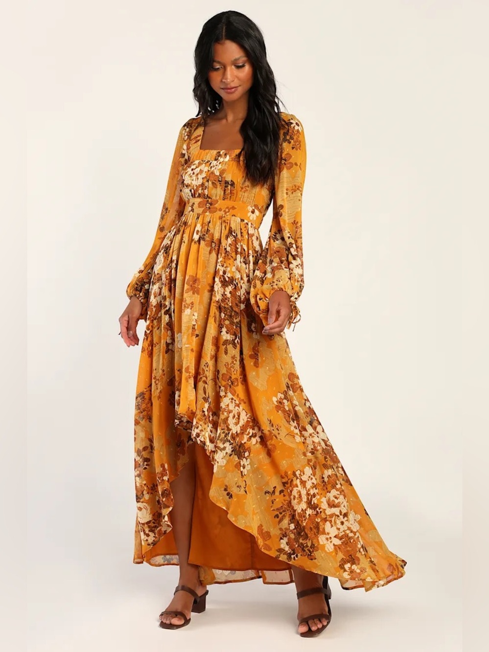 Lulus Gorgeous Vibe Yellow Floral Print High-Low Maxi Dress S